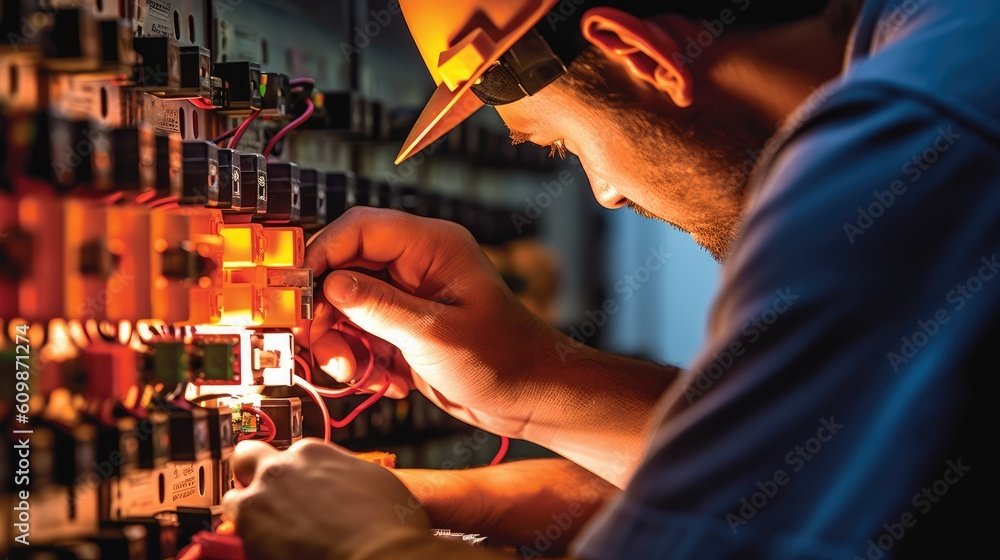 Electrician working closely on a row of circuit breakers