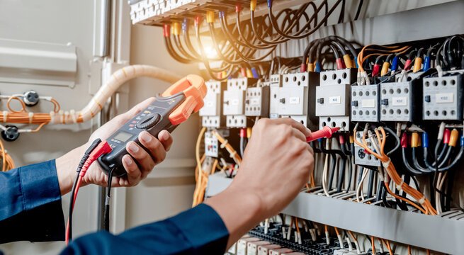 Hands testing a control panel with a clamp meter and probe