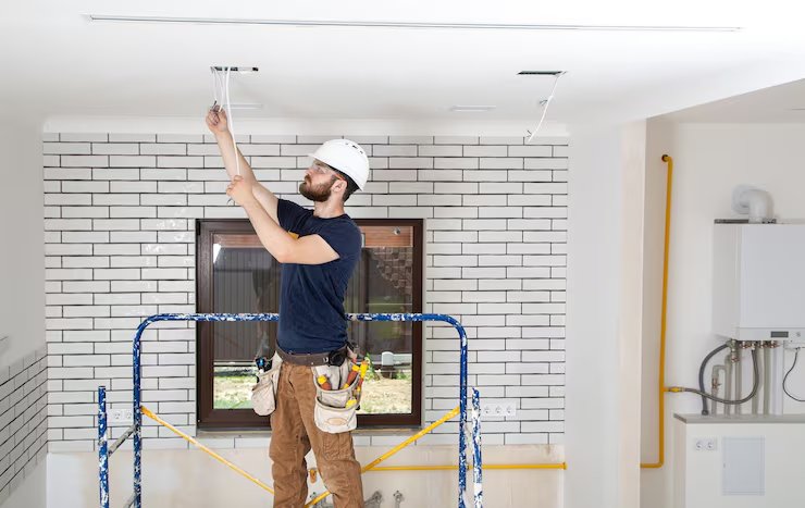 Electrician on scaffolding pulling wiring through a ceiling in a renovated room