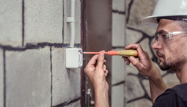 Electrician using a screwdriver to install a wall outlet box